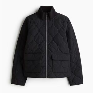 Oversized Funnel Neck Black Quilted zip Front Jacket loose fit womens sz xs